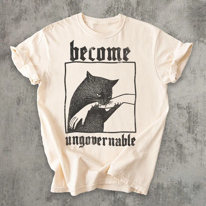 Become Ungovernable Funny Graphic Cat Biting Hand T-shirt, Vintage Graphic Tee, Silly Cats Shirt, Unisex Cotton