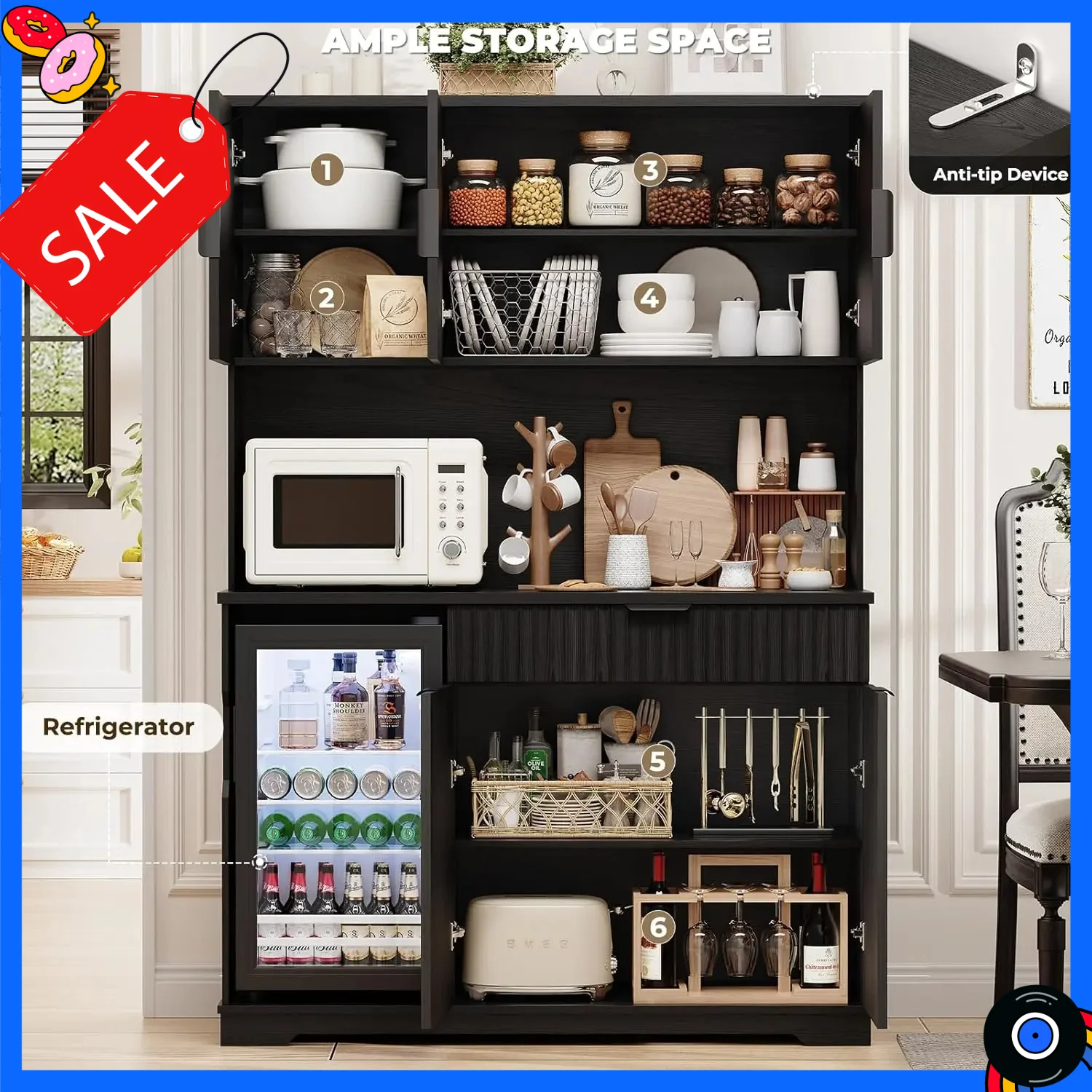 

Bestseller69" Kitchen Pantry with Fridge (Fridge Included), Fluted Coffee Bar Cabinet with Storage Hutch, Tall Wine Bar Cabinets