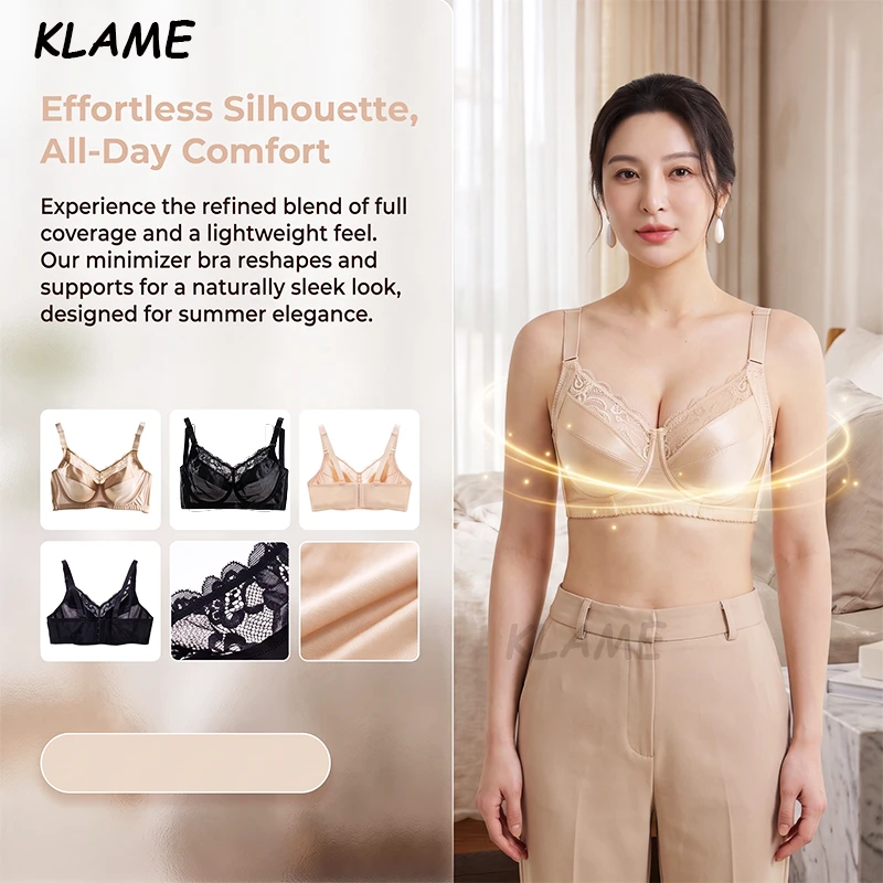 KLAME High-Quality 32-48 BCDEFGH Full Cup Anti-sagging Four-breasted Buckle Wired Push Up Breathable Lace Bra KLM881