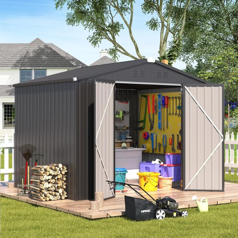 

8' x 6' Dark Metal Storage Shed, 53 Sq.Ft Outdoor Steel Shed with Lockable, Garden Backyard Patio Storage