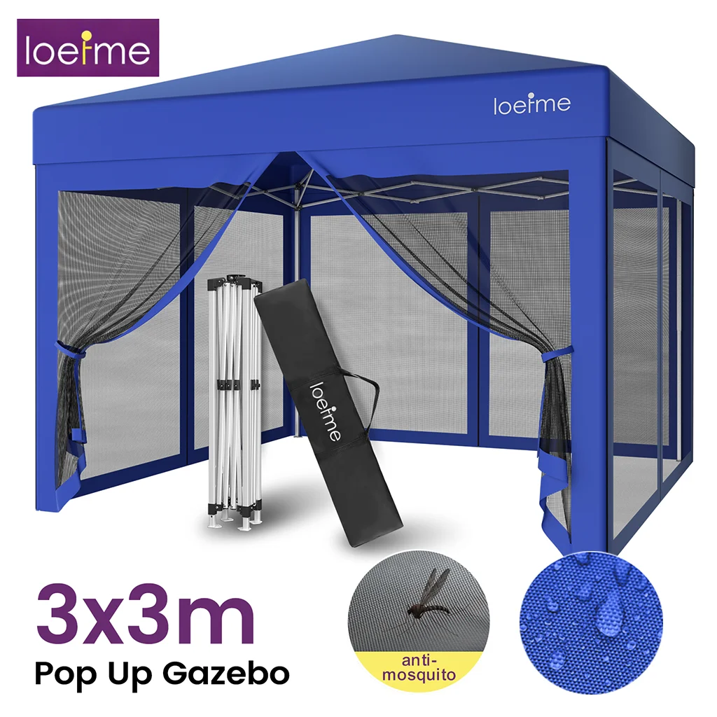 Tente de jardin pliable LOEFME 3x3M avec moustiquaire, imperméable, protection UV pour le camping, la terrasse et le jardin