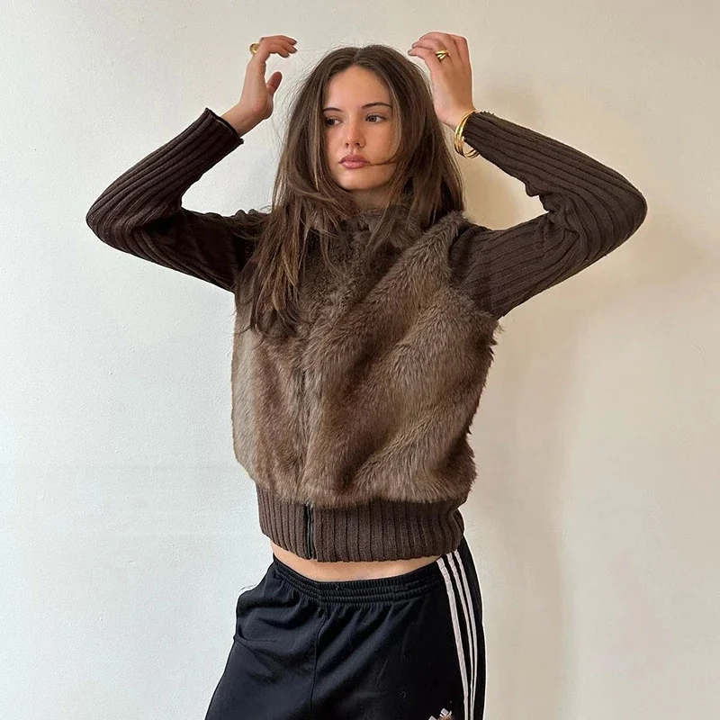 Patchwork Faux Fur Zip Up Coat For Women Elegant Cozy Turn Down Collar Warm Autumn Winter Streetwear Office Party Christmas Gift