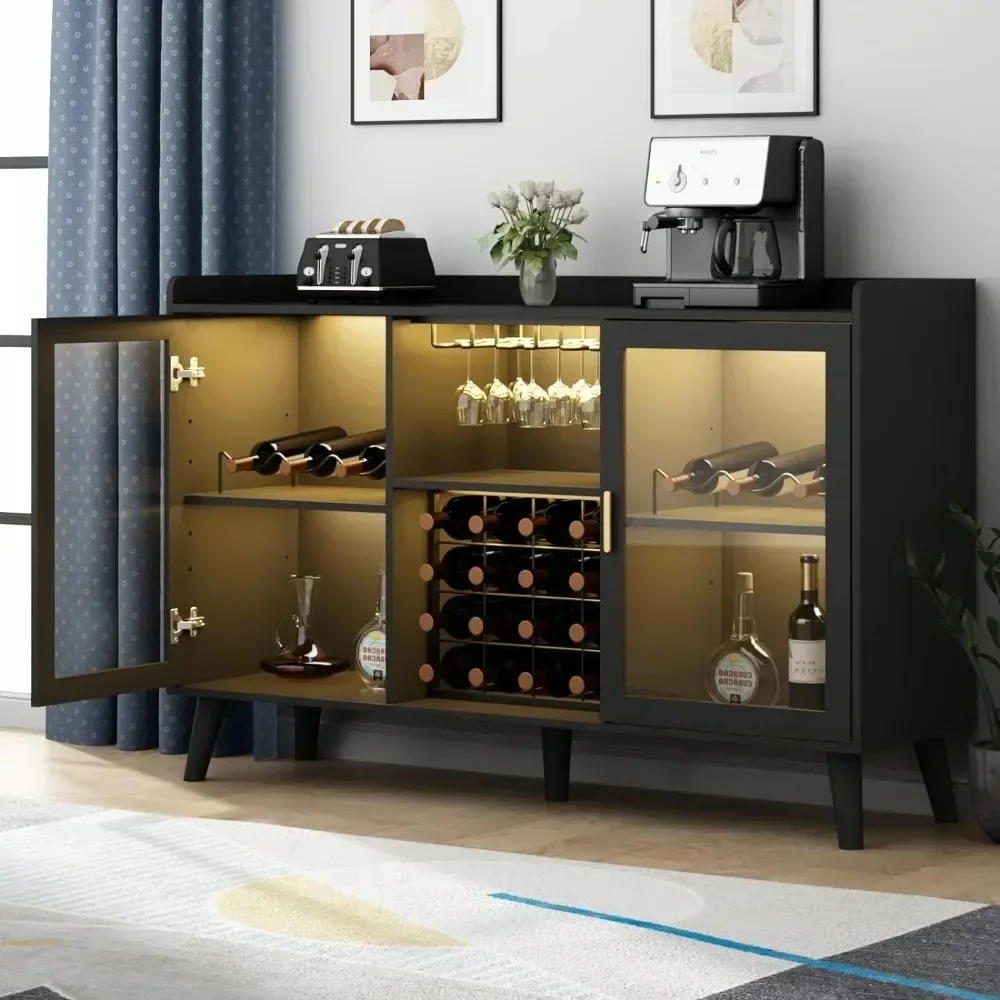 

For Wine Bar Cabinet with LED Light, HomeWine Cabinet with Wine Rack and Glass Holder, Freestanding Liquor Cabinet