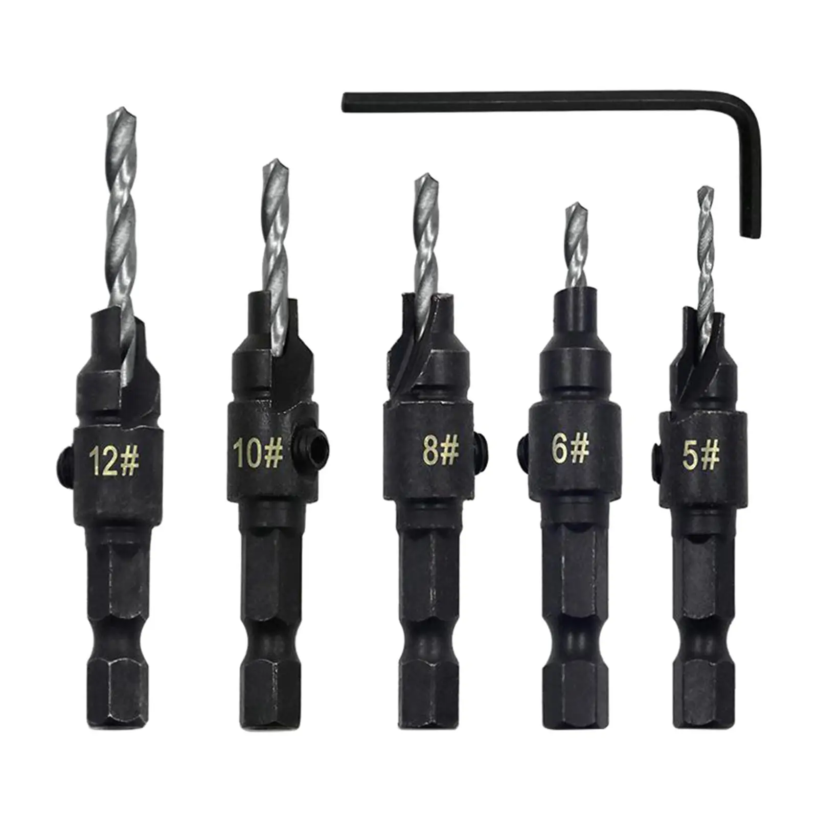 5 Pieces HSS Steel Countersink with Wrench Counter Screw Holes, Adjustable
