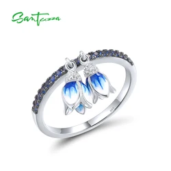 SANTUZZA Authentic 925 Sterling Silver Rings For Women Sparkling Blue Sone Danling Tulip Flower Cute Fashion Fine Jewelry Enamel