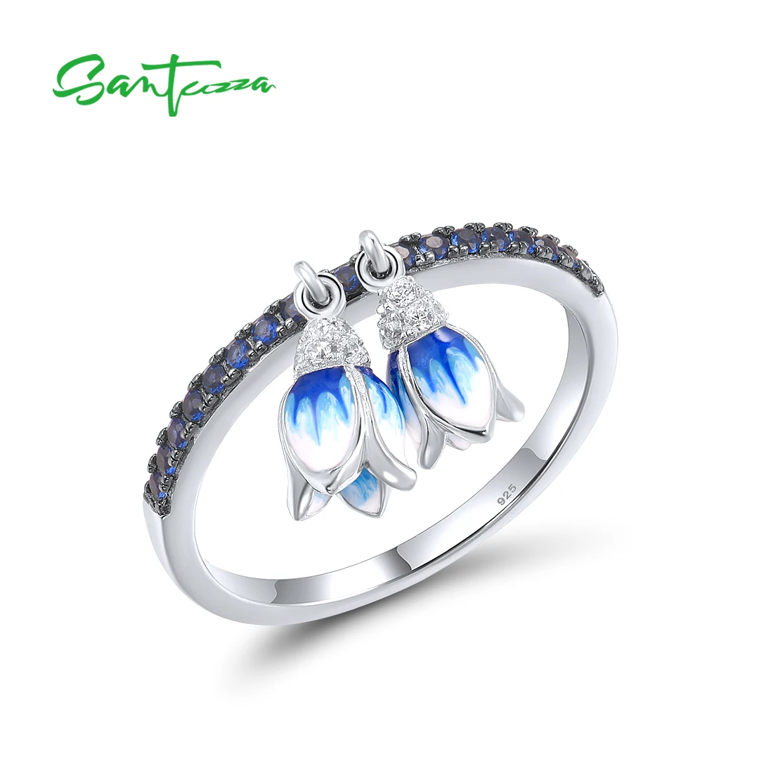 SANTUZZA Authentic 925 Sterling Silver Rings For Women Sparkling Blue Sone Danling Tulip Flower Cute Fashion Fine Jewelry Enamel