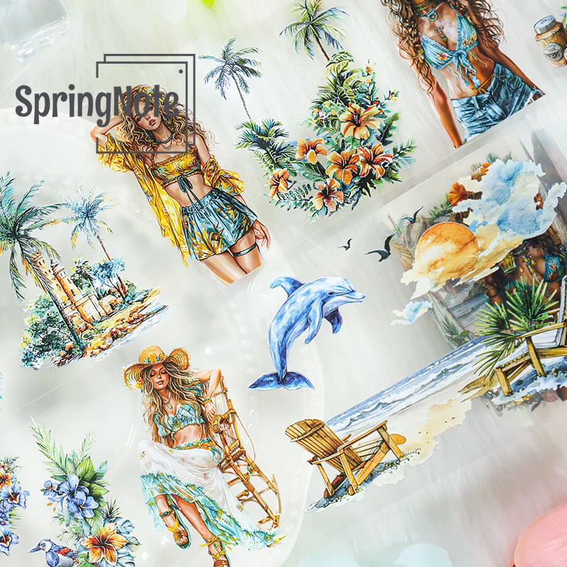 2m Beach Lady PET Washi Tape Sea wave Transparent Roll Stickers Decorative Adhesive Tape For Scrapbooking Journal  loop 100cm