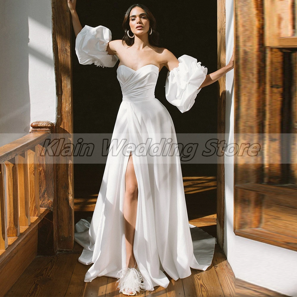 Weilinsha abnehmbare Puff ärmel Boho Brautkleid für Frauen sexy Schatz Seite geteilt Satin eine Linie Brautkleider nach Maß