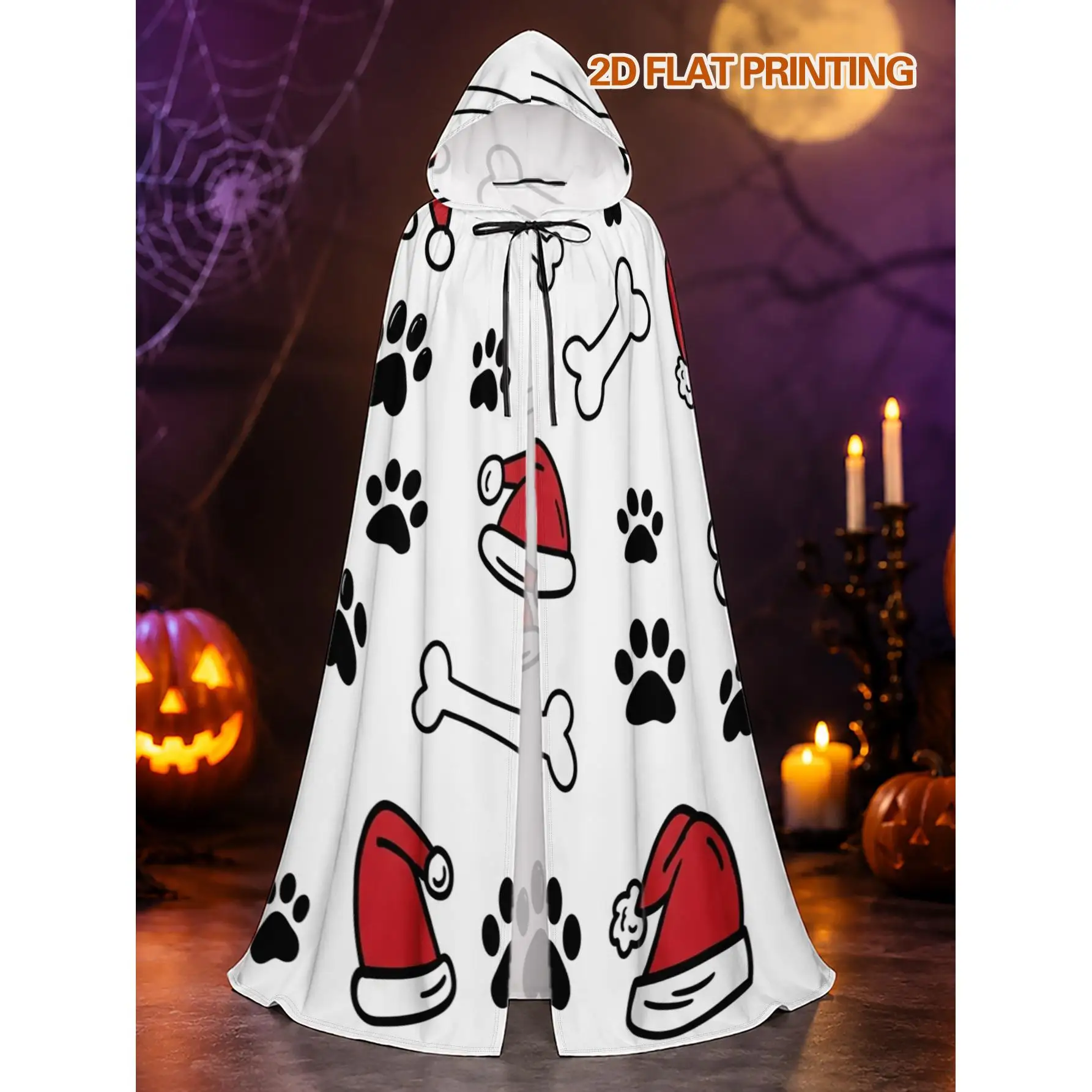 Unisex Polyester Hooded Robe with Christmas Paws And Elements, Full-Length Cloak for Halloween Haunted Nights And Christmas