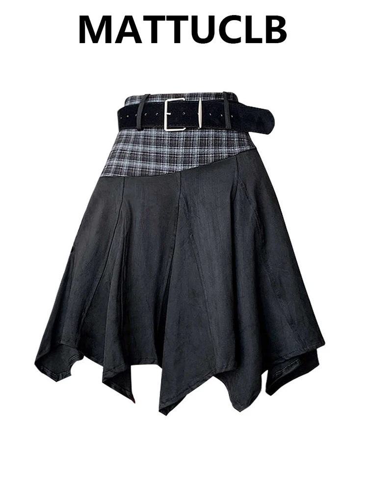 Women's Midi Skirt A-line Plaid Patchwork Design 2000s Aesthetic Korean Fashion Y2k Preppy Skirt Kpop Tide Punk Shoujo Party