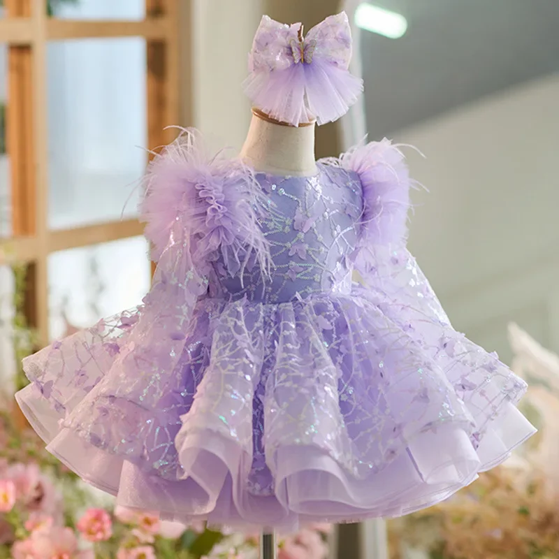 Girls elegant dresses, purple chiffon butterfly mesh dresses, high-end ball party dresses, flower girl wedding dresses