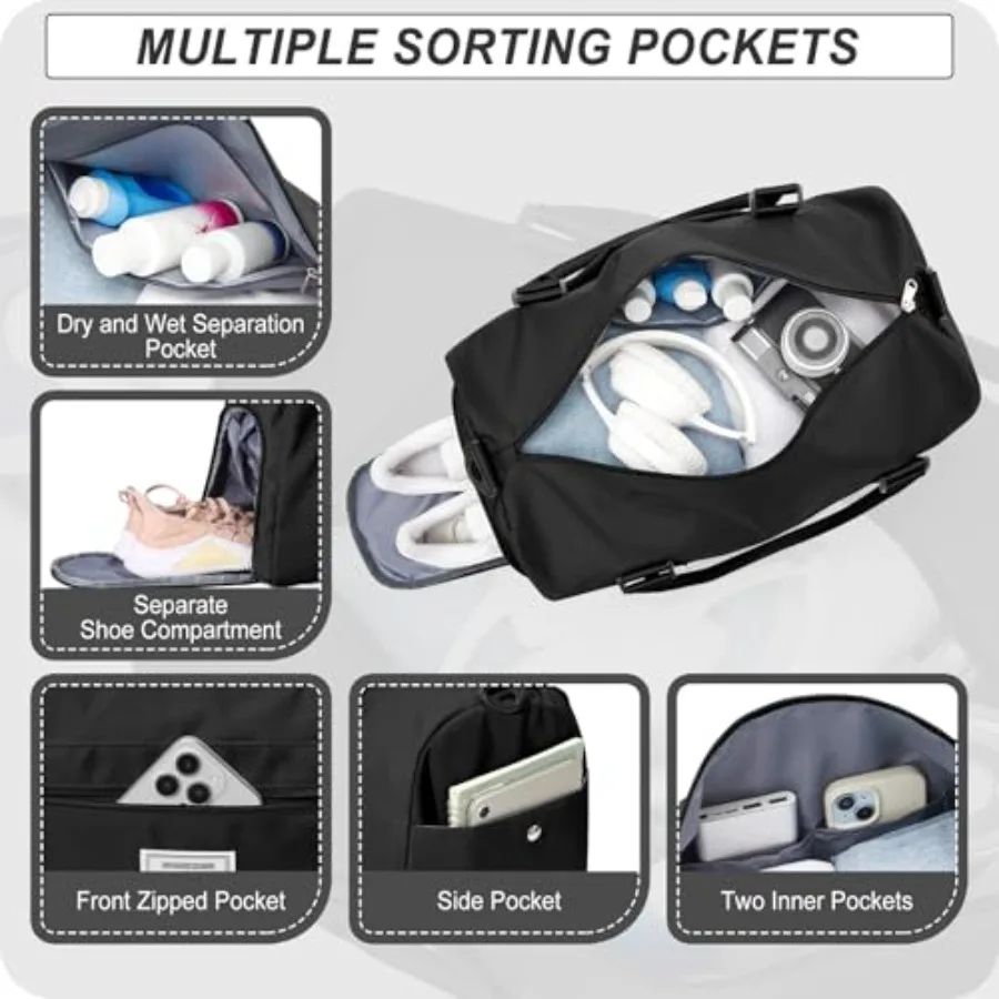 Small Black Sports Gym Duffel Bags for Women Men, Travel Totes Bag Cute Weekender bag with Wet Pocket and Shoe Compartment for view 4