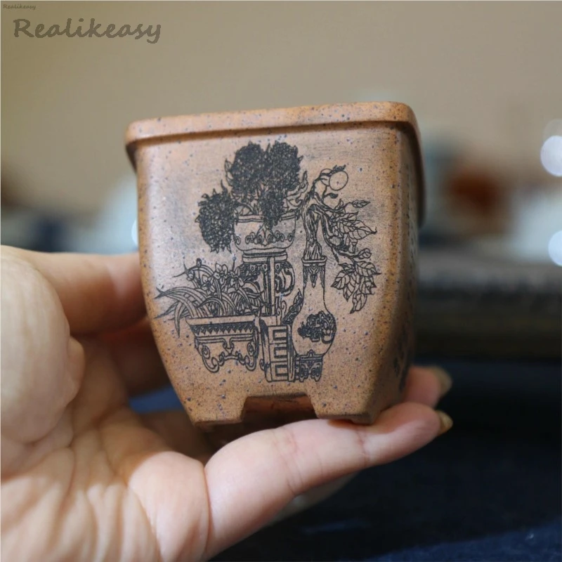 

Purple Clay Carving Flower Pot Chinese Oval/Square Handmade Antique Mini Succulent Flower Pot Home Decoration Flower PotLH844