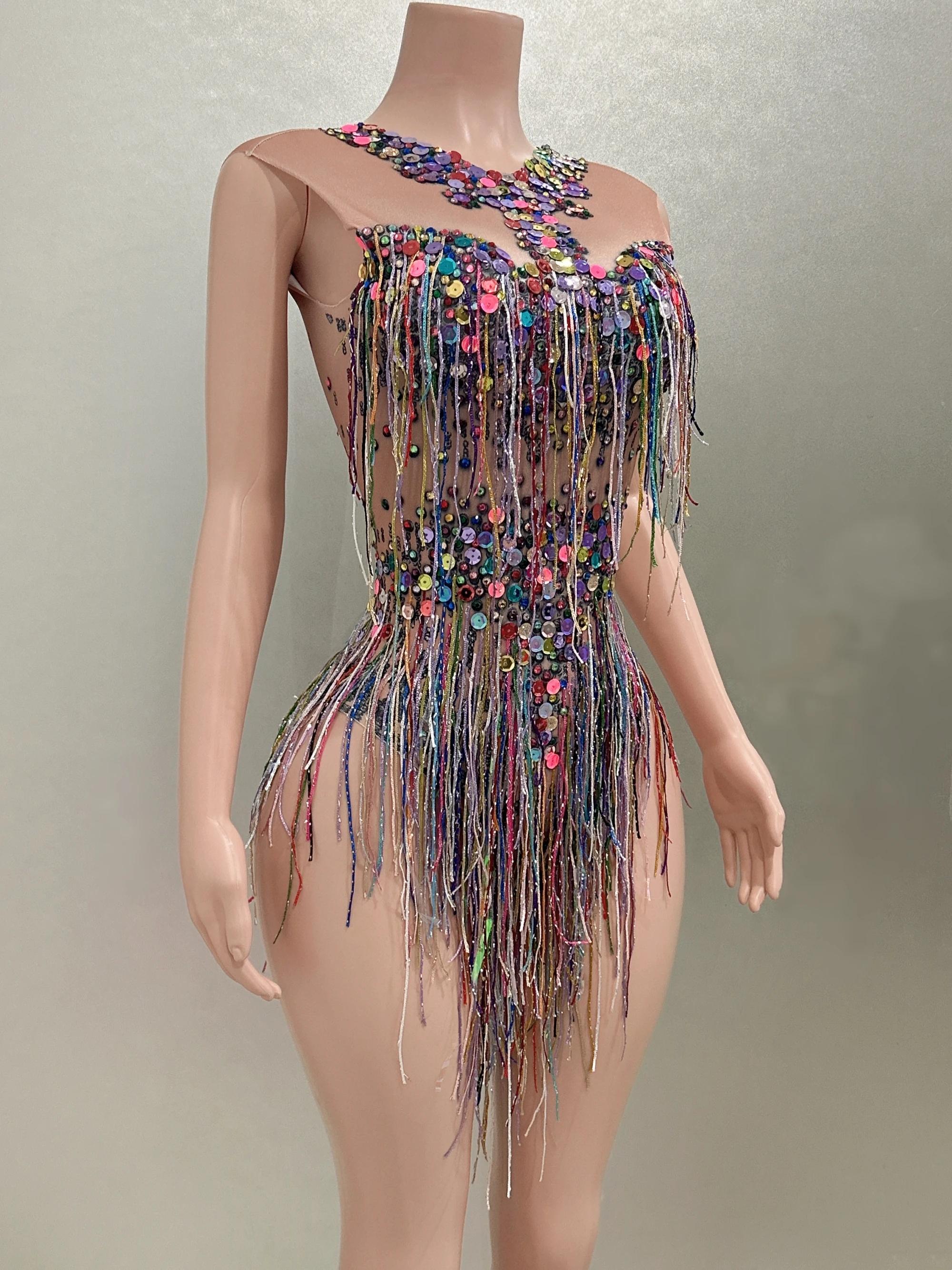 Colorful Tassels Sequins Sexy Sleeveless Sheath Bodysuit Evening Party Nightclub Dancer Perfprmance Costume Stage Wear