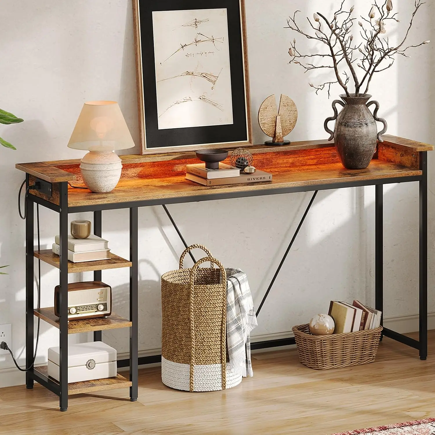 63in Console Table With Power Outlets & LED Lights 4-Tier Entryway Table, Customized