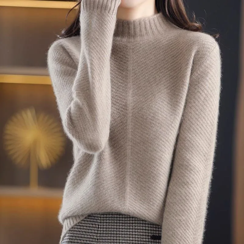 New Autumn/Winter Fashion Trend Solid Color Half High Neck Thickened Loose Versatile Western Style Slim Women\'s Knitted Sweater