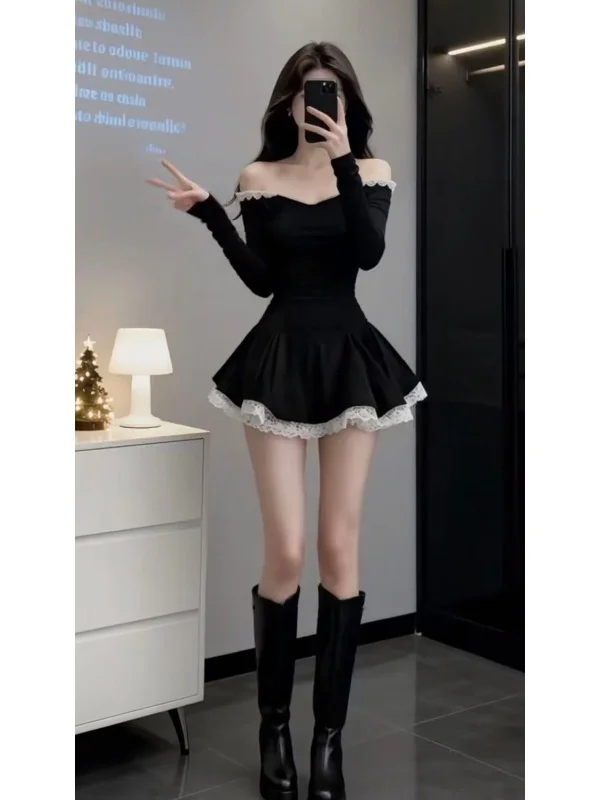 Elegant Princess Style Short Dress Slim Fit Long Sleeve One Shoulder Black Dress Sexy Younger Looking Perfect for Daily Wear