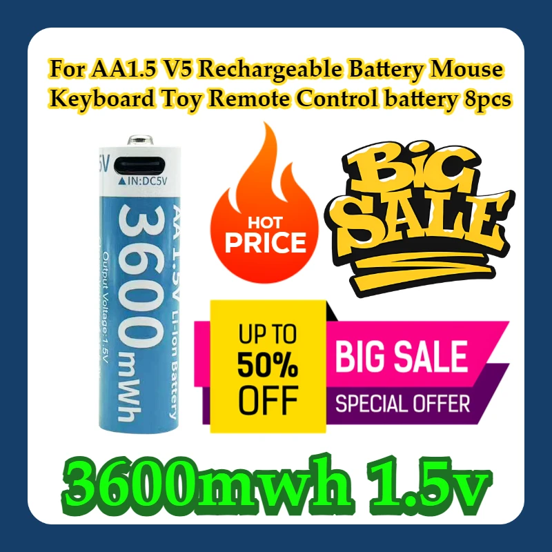 

For AA1.5 V5 Rechargeable Battery Mouse Keyboard Toy Remote Control battery 8pcs