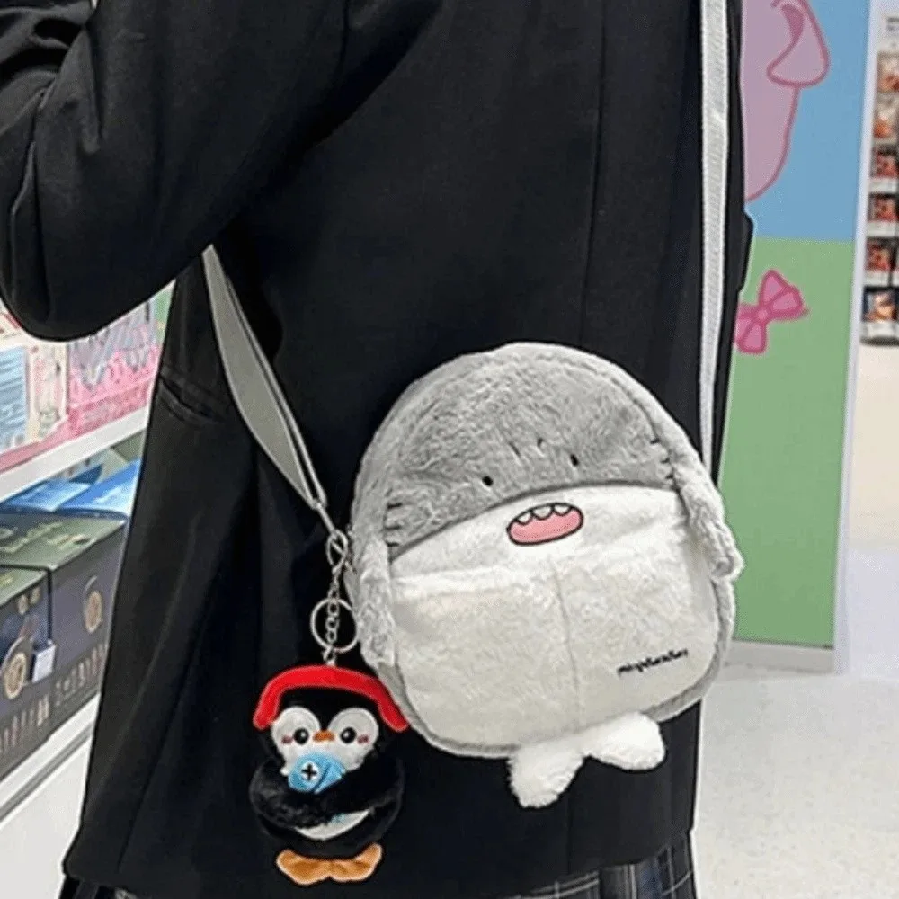 Torba na ramię Travel Kawaii z pluszowym pingwinem, torba crossbody z rekinem o realistycznym wyglądzie, miękki plecak z foką, puszysta i urocza torba na ramię z motywem zwierzęcym dla kobiet