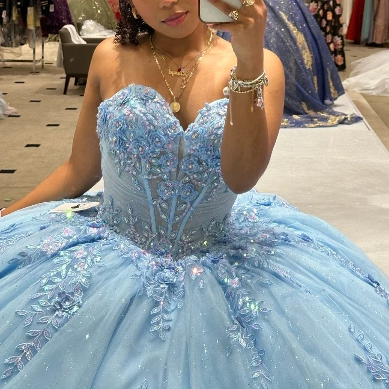 Angelsbridep Sky Blue Ball Gown Quinceanera Dresses 2025 With Appliques Glitter Tulle Prom Party Dress Woman Vestidos De Festa