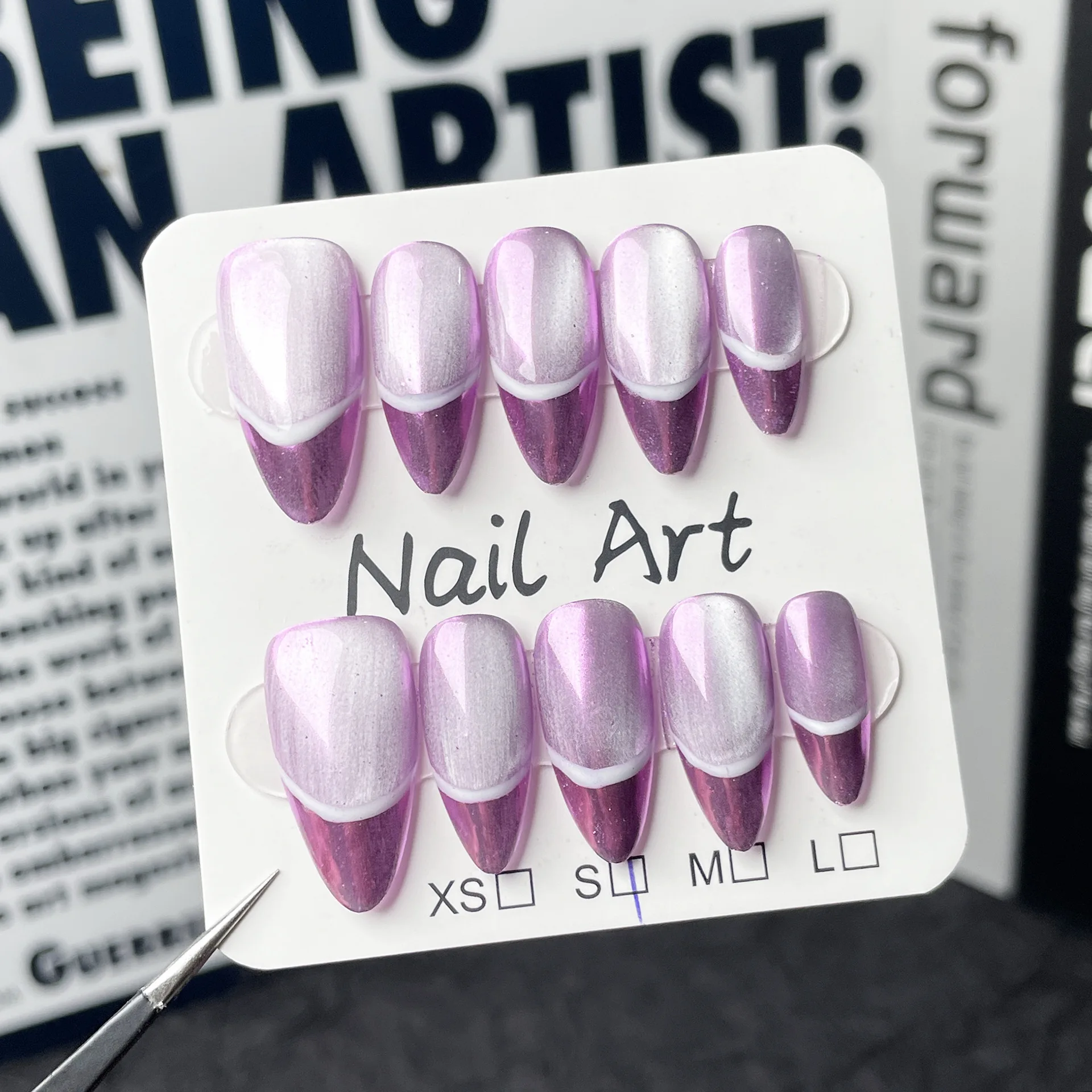 10pcs Simple Purple Handmade Fake Nails Art Cat's Eye Aurora Press on Nails Set Reusable French Mid-length Almond False Nail Tip