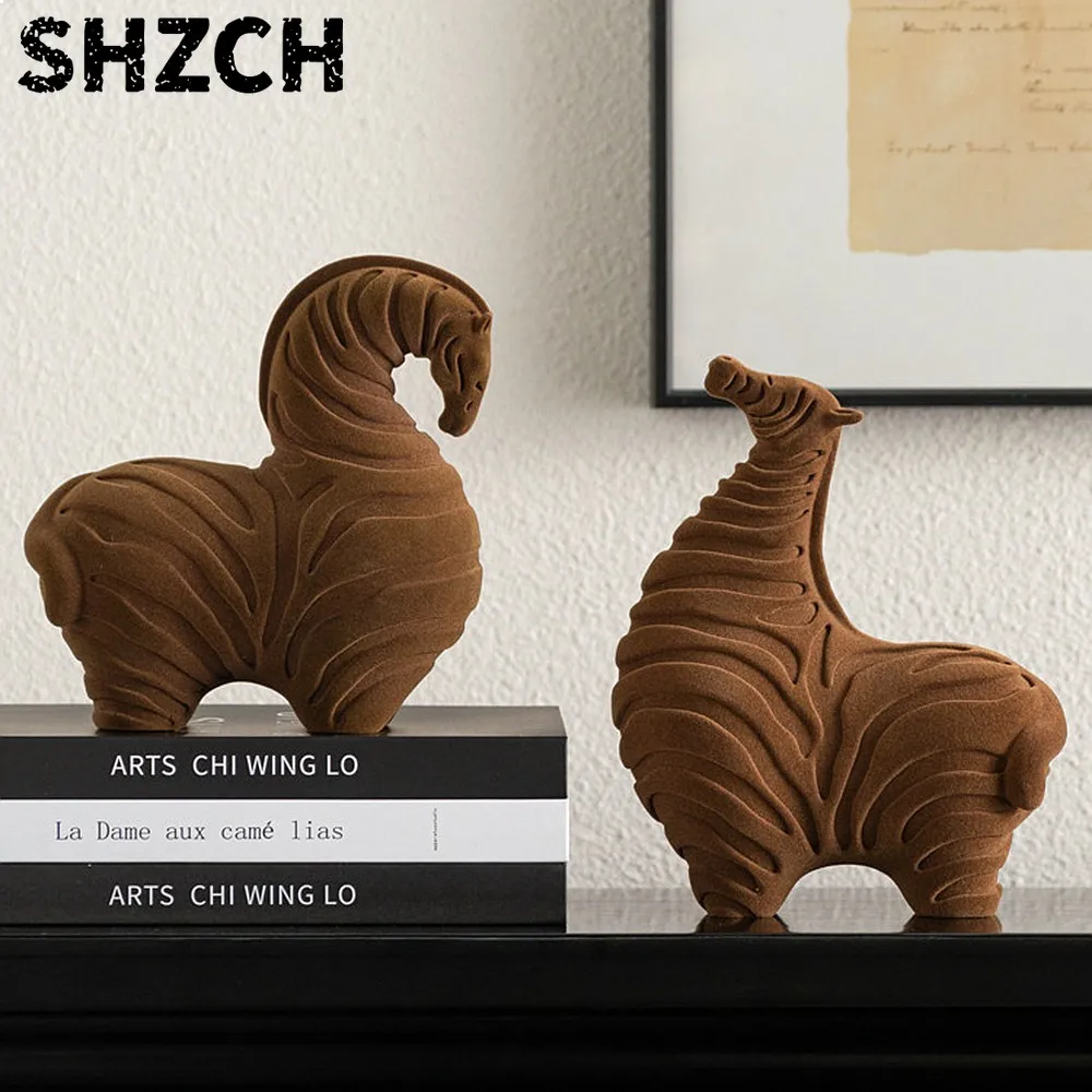 Home Decor Brown Velvet Horse Sculpture Resin Statue Living Room Ornament Gift