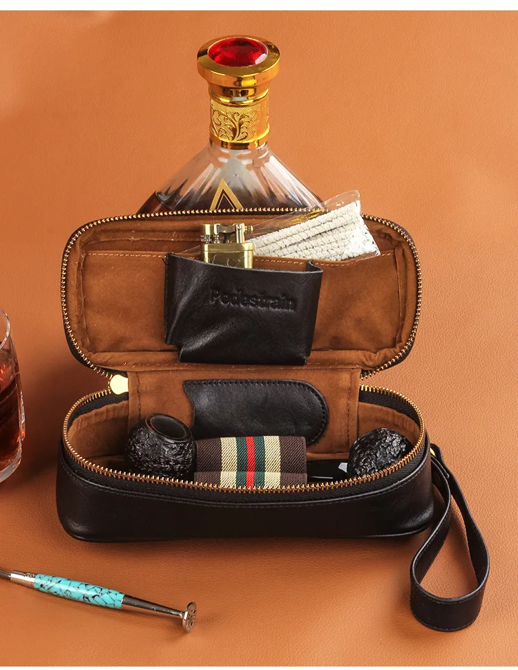 Genuine Leather Tobacco Smoking Pipe Bag for 2 pipes Portable Herb Smoke Pipe Case Smoking Accessories Kit Tools