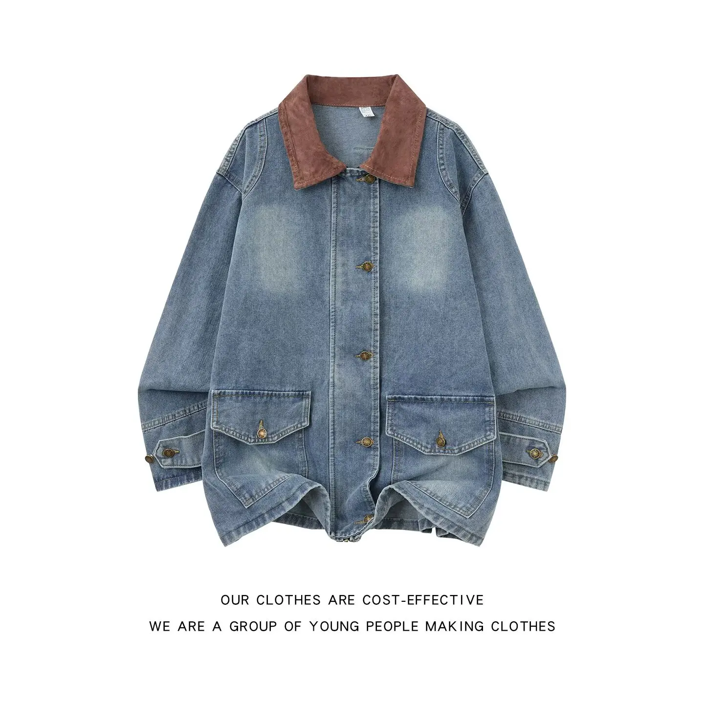 

Винтажная повседневная свободная мужская джинсовая куртка с цветными вставками и воротником, в рабочем стиле, для весны и осени, на одной пуговице