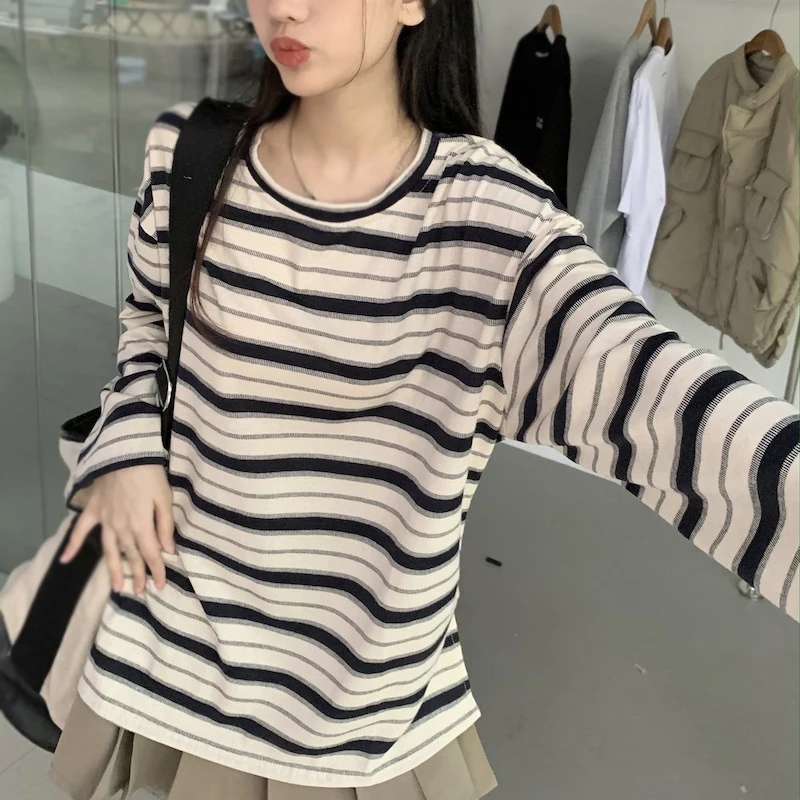 T-shirts for Women Streetwear Woman Clothing Y2k T-shirts Korean Fashion Striped Long sleeve T-shirts Student Tops