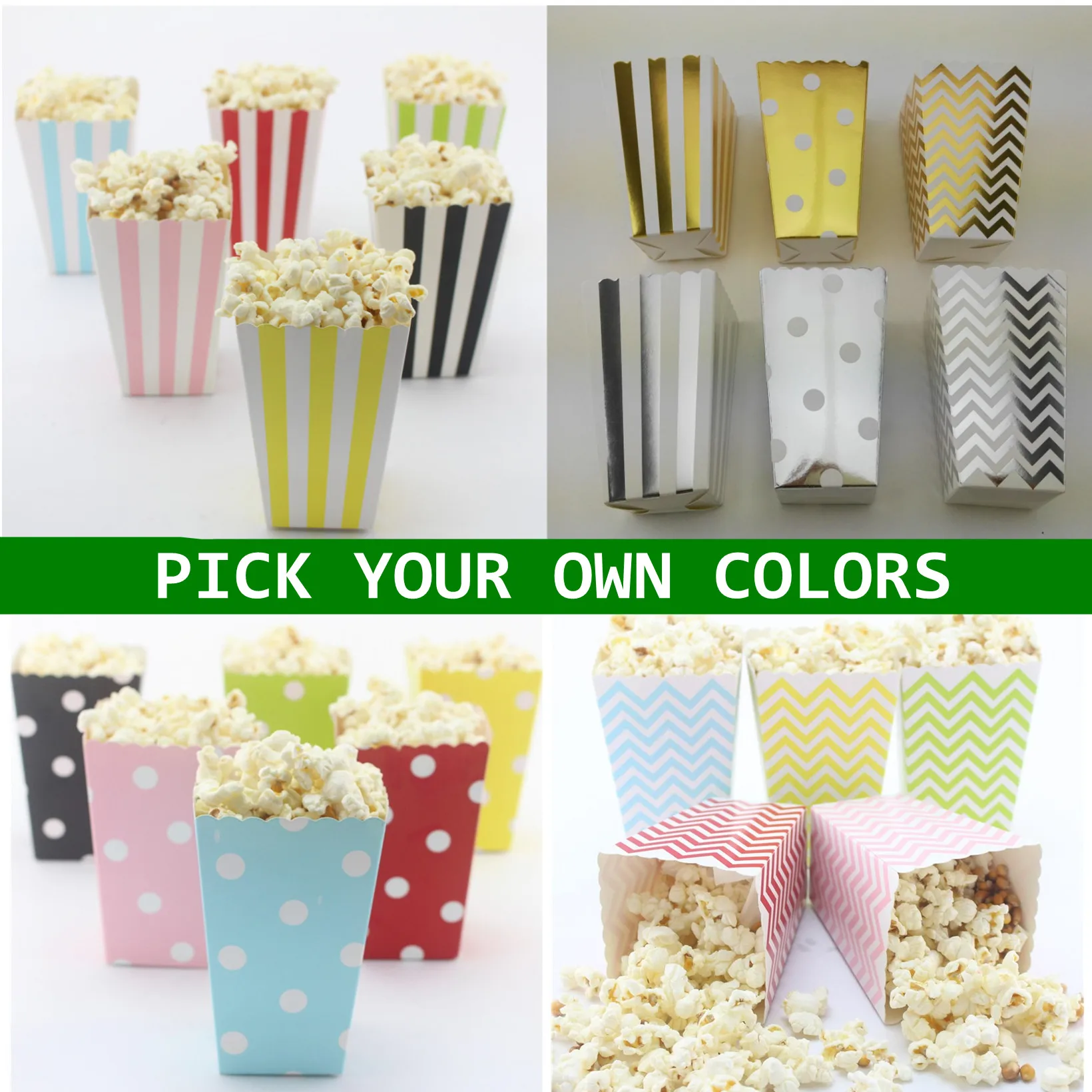 Pick Colors 720 Pcs Paper Popcorn Boxes,Striped Chevron Polka Dot Metallic Gold Silver Party Favor Candy Snack Movie Buckets Kid