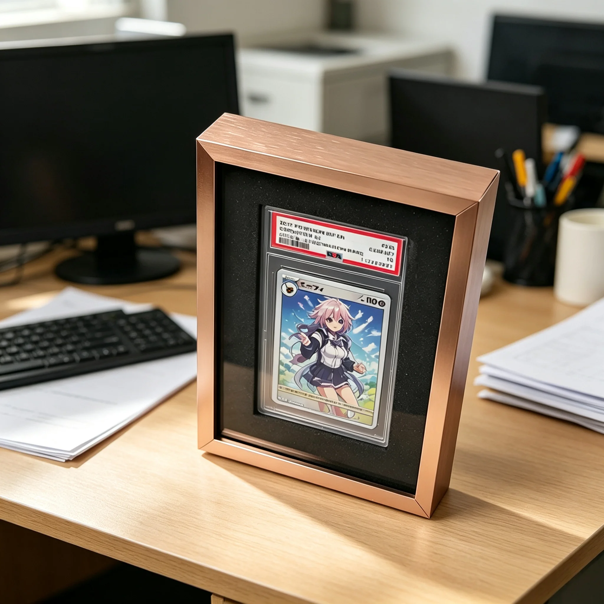 ピンクゴールドアルミニウム合金製アニメグレードカードブリックホルダー-縦型tcgトレーディングカードディスプレイスタンド-卓上・壁掛け兼用