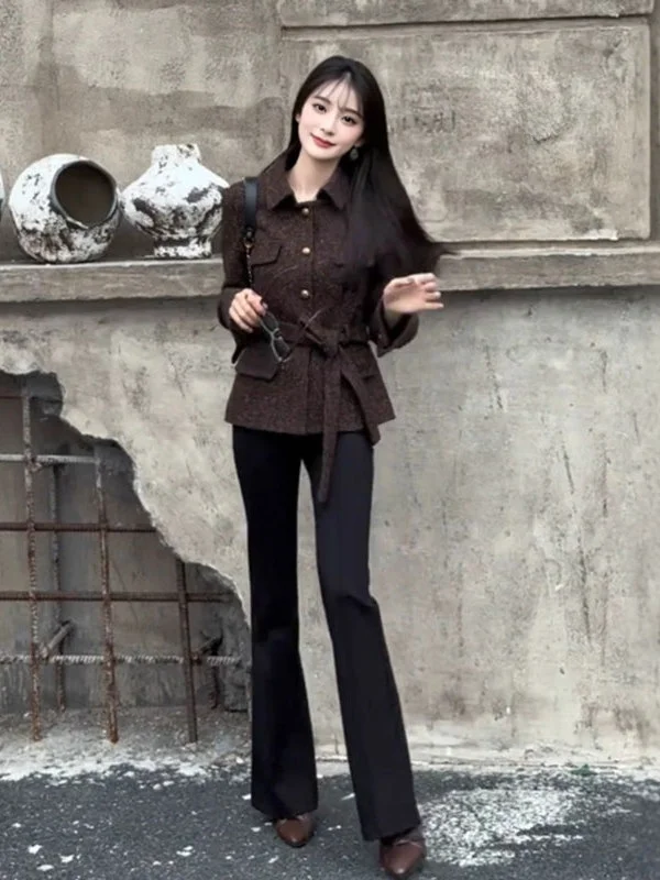 

Ретро-стильное короткое пальто с утяжкой на талии, модный шерстяной топ из плотной ткани, весна 2026, женская мода, ретро-стиль, пальто на пуговицах