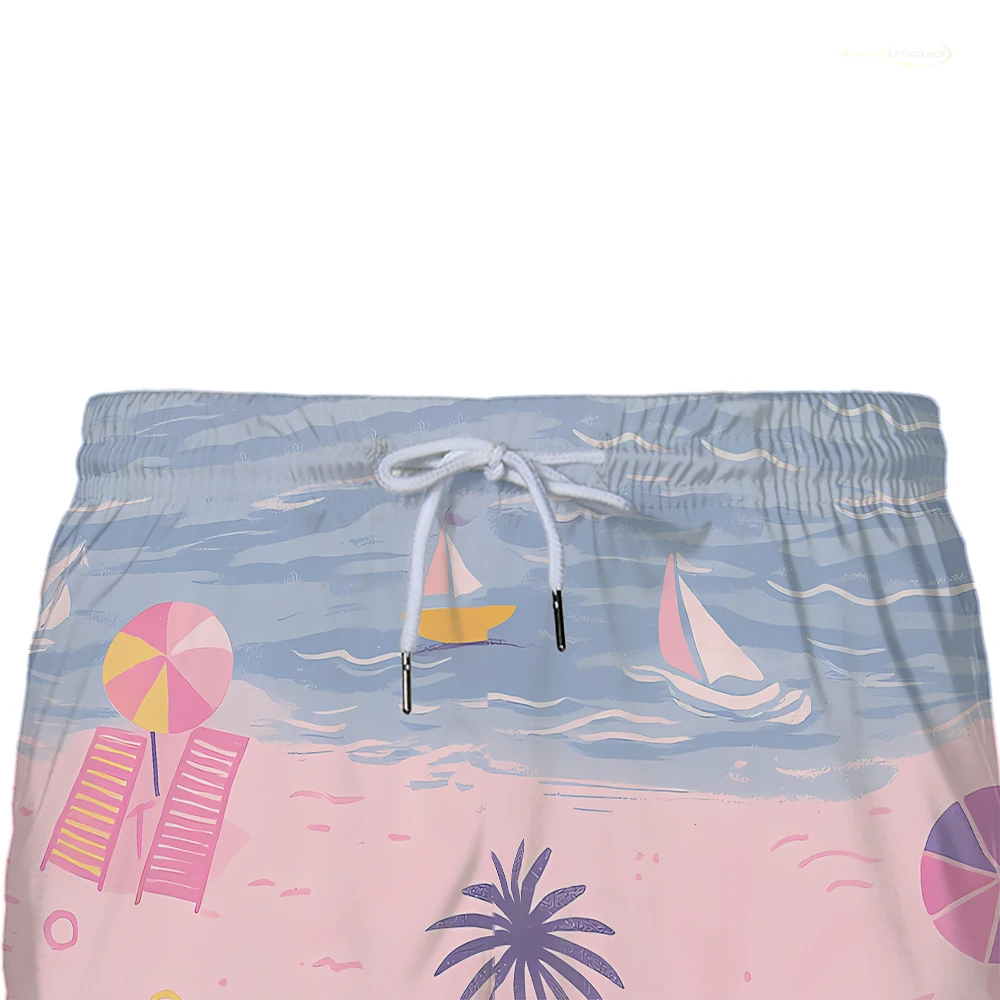 Summer Men's Seaside Vacation Beach Shorts Palm Tree Coast Graphic Print Casual Pants Loose Breathable Drawstring Swimming Short