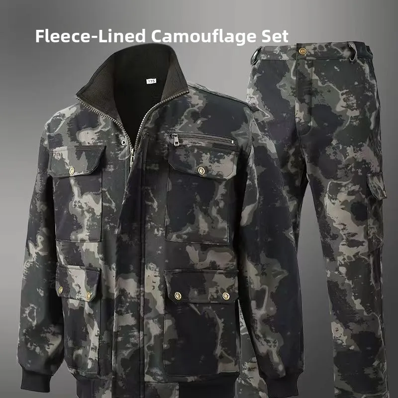 Thickened Fleece Camouflage Workwear Men's Set Long Sleeve Labor Protection Clothing Anti-Cold And Wear-Resistant Work Uniform