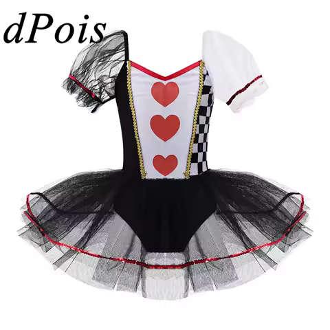 Girls Cosplay Clown Costume Black And White Grid Tulle Ballet Tutu Role Play Dress Gymnastics Leotard Dress Halloween Party Gown
