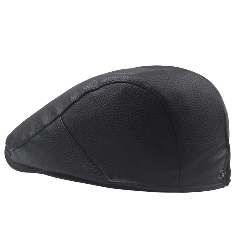 New Cold Weather Mens Caps Solid Faux Leather Berets Hats Outdoor Gorro Hombre Driving Ivy Hat Soft Warm Newsboy Cap For Dad