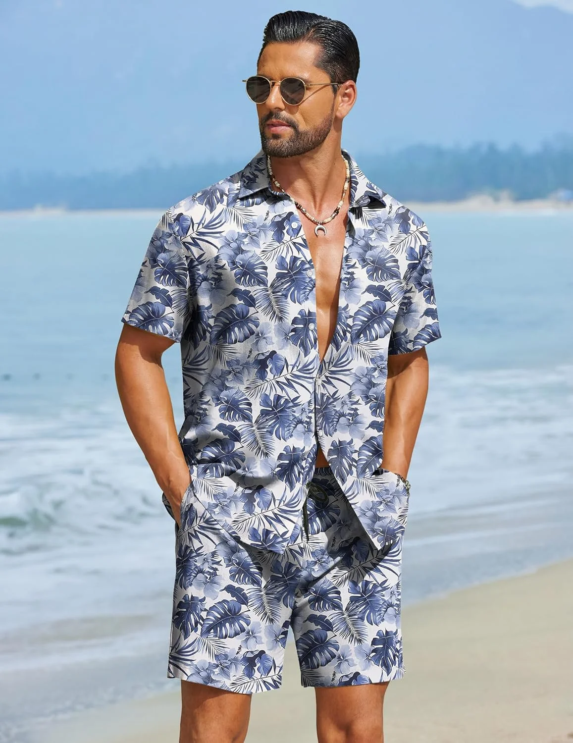 

2026 Men's Summer Micro Stretch Cool Shirt Shorts Set Button Lapel Pocket Shirt Natural Tropical Plant Print Shirt Fast Shipping