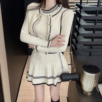 אלגנטי סרוג 3 חלקים נשים קרדיגן יחיד עם צווארון o צווארון + גופיות + גופיות מיני חצאי סתיו קיץ תלבושות מזדמנים