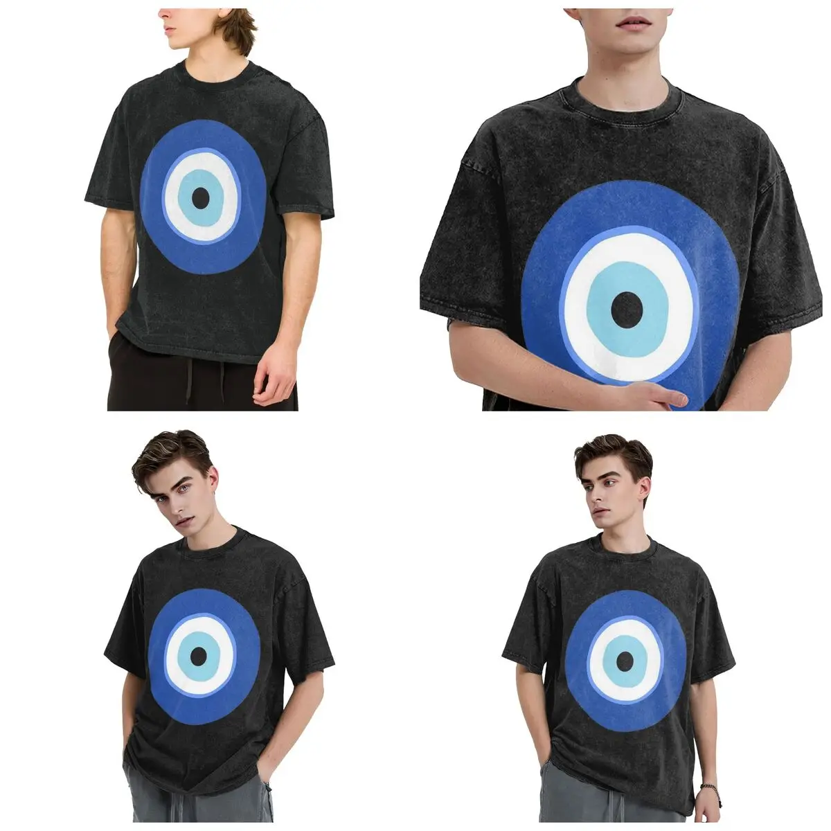 Greek Turkish Evil Eye Hip Hop Short Sleeve T-Shirts Washed Tops Tees Streetwear T Shirt Oversized for Men Women