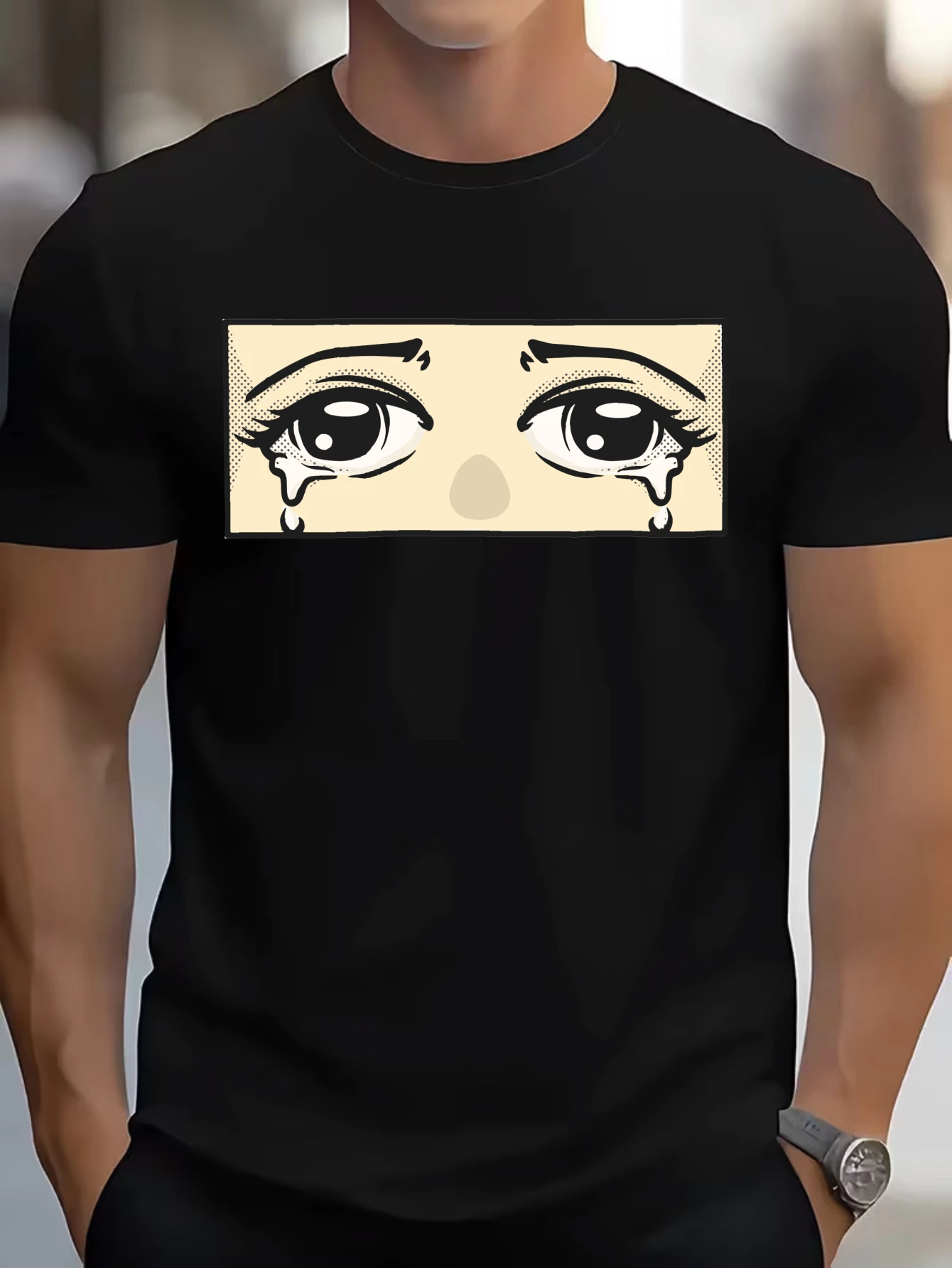 

Vintage Anime Big Eyes Graphic T-Shirt for Men, Manga Style Short Sleeve Tee, Casual Anime Print Tops