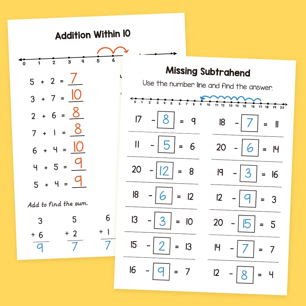 Addition & Subtraction within 20 Training Workbook Number Line Practice Book Kindergarten Preschool Maths Learning Montessori