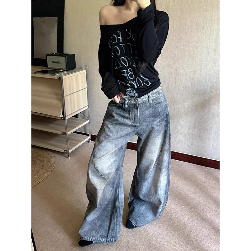 ZHIZOU Женские мешковатые широкие джинсы Серые джинсовые брюки Американский винтаж 2000-х годов Bleach High Street Y2K Японский Harajuku Ковбойский гранж