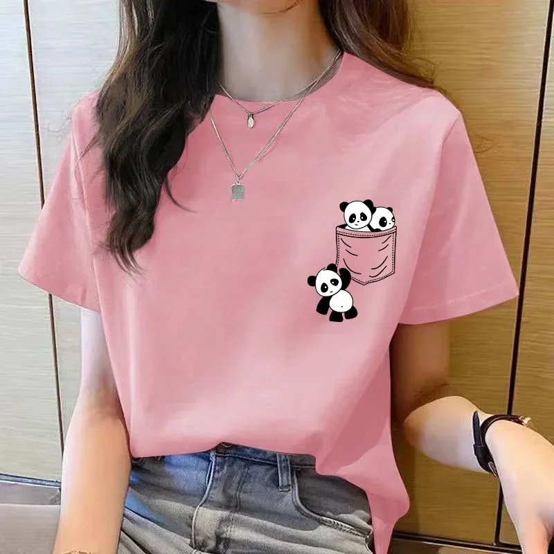 Women Short Sleeve Top Summer New Pocket Panda Cartoon Printed T-shirt Fashion Women Tops Loose Round Neck T Shirt Women