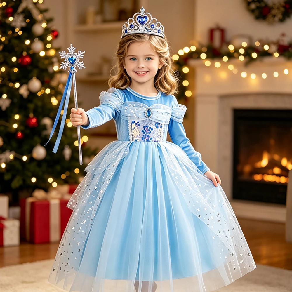 Mädchen Cinderella Blaues Pailletten-Prinzessinnenkleid mit Langen Ärmeln, Krone, Halskette und Komplettem Zubehör-Set als Geburtstagsgeschenk für Kinder – Detail 9