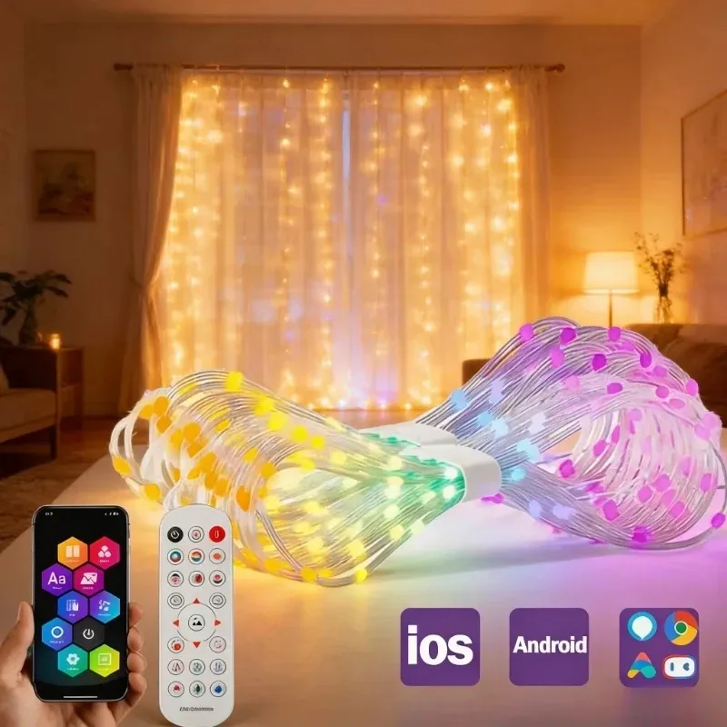 スマートledカーテンライト-rgb-usb-bluetooth-app制御-diy-ウィンドウストリングライト-寝室装飾用