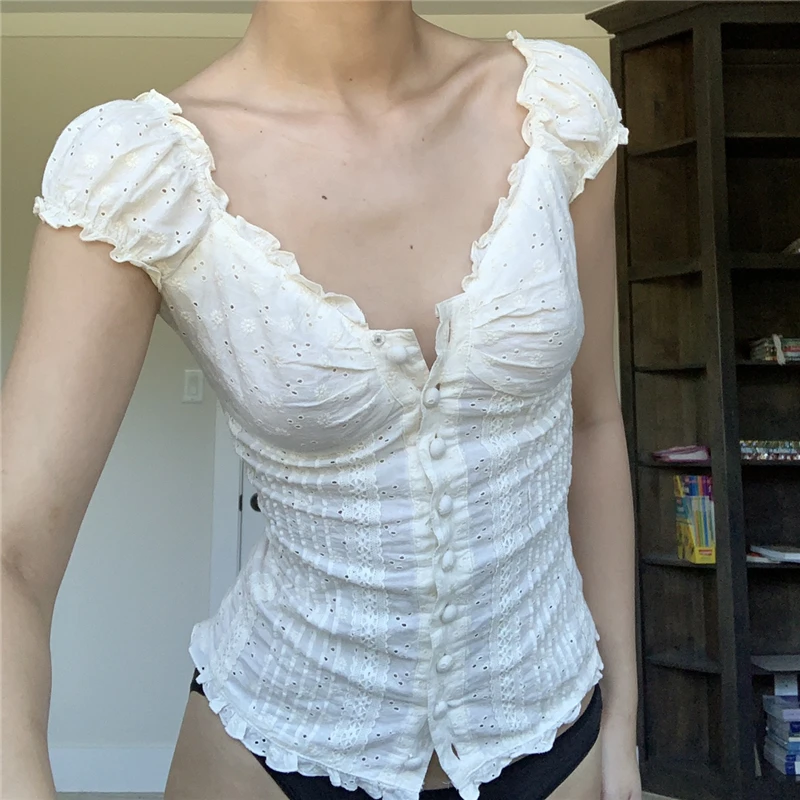 Delicate  cute White Corset Top 2000s T-Shirts Lace Trim Vintage Harajuku Button V Neck Slim Pullovers New TeesTop