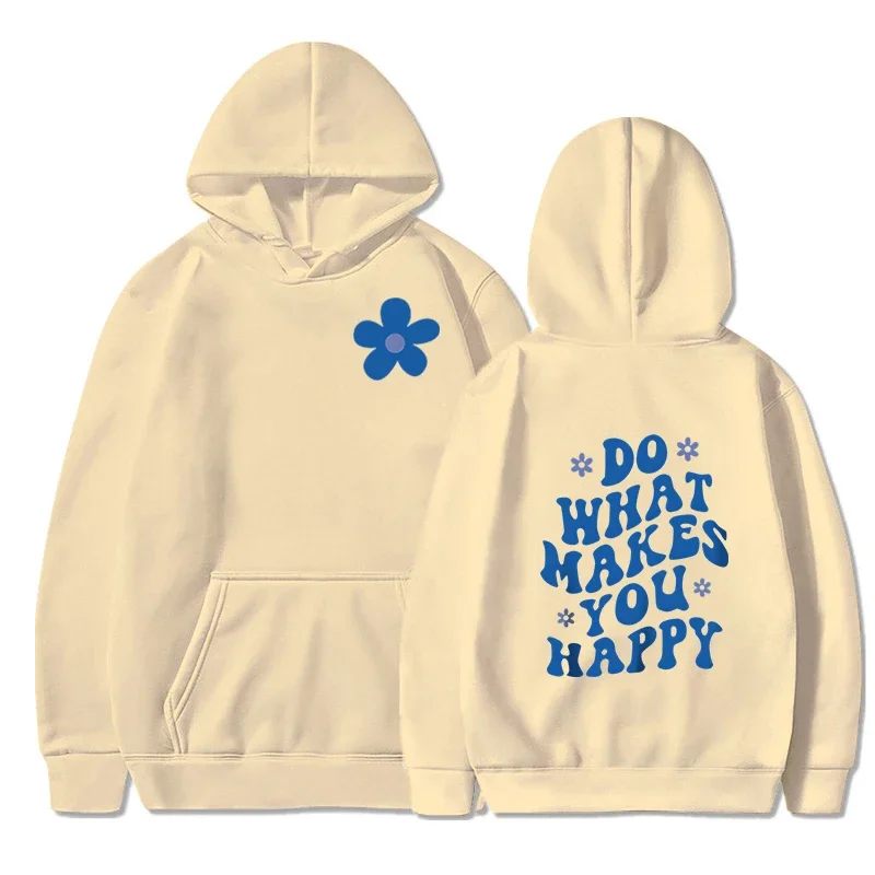 

Letter Graphic Hoodies Aesthetics Long Sleeve Hooded _Do What Makes You Happy_ Blue Floral Pullover Fashion Y2K Sweatshirt