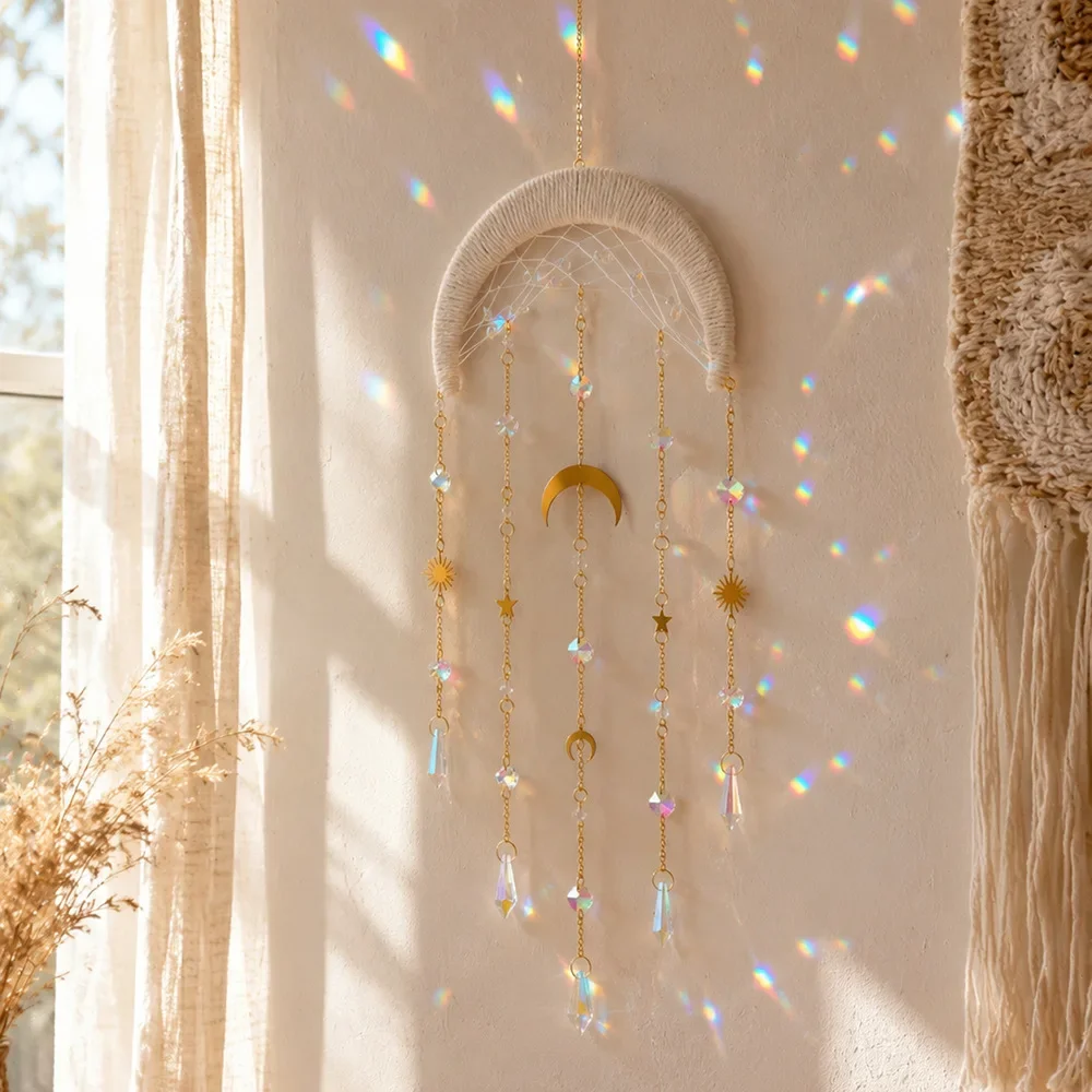 Handwoven Crescent Moon  Dreamcatcher Wall Hanging,Star Prism Pendant Light Catcher Boho Wall Art For Bedroom Window Decor