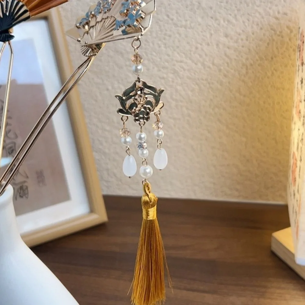 Alloy Pearl Fringe Hairpin Retro Pearl U Shape Hair Frok Tassel Neo-chinese Style Fan Shape Bride Tiara Bridal Headwear