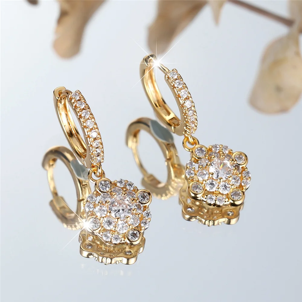 Luxury Crystal Zircon Square Pendant Hoop Earrings For Women Vintage Gold Color Ear Buckle Wedding Party Jewelry Versatile Gifts